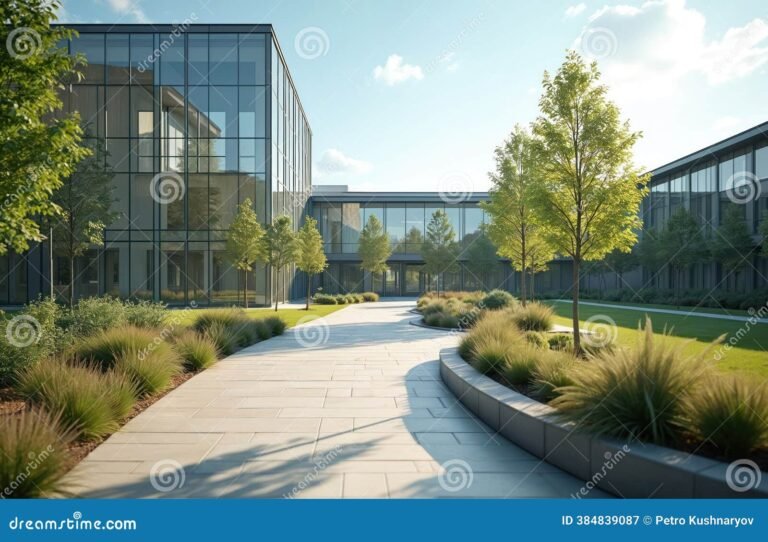 campus universitario moderno con edificios y areas verdes