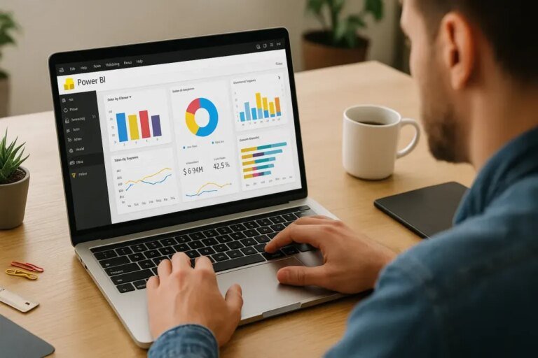 Dónde Encontrar el Mejor Curso de Power BI en Chile 2 persona usando computadora con graficos power bi